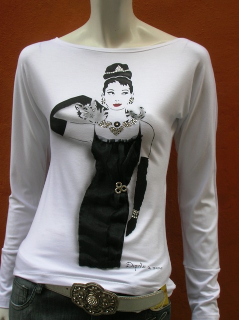 T-SHIRT VISCOSE MANICA LUNGA DIPINTO A MANO + STRASS